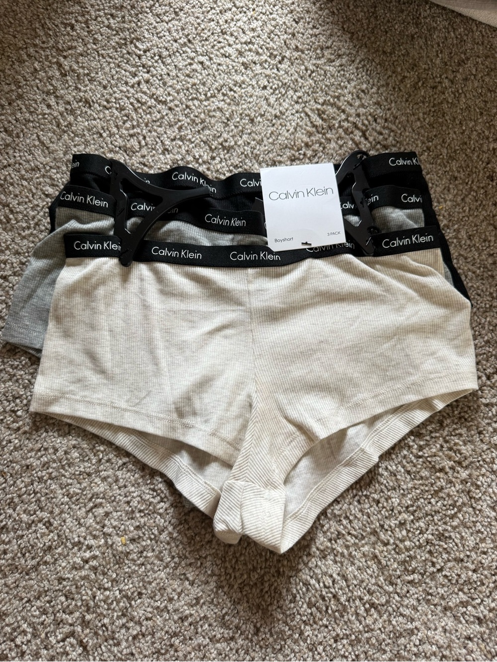 Calvin Klein Beige & Gray Boyshort Panty 3-Pack with Black Logo Waistband